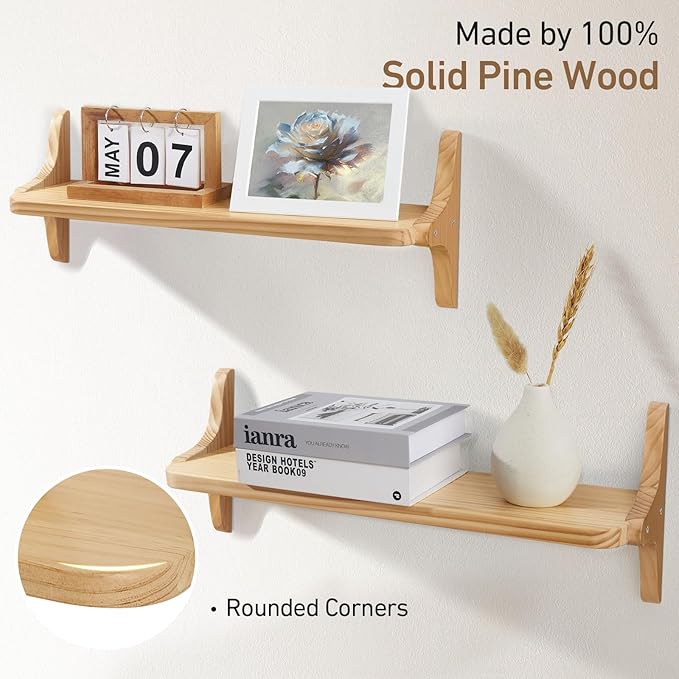 Wooden Floating Shelves for Wall, 23.6" W x 6" D x 0.8" H Large Wall Shelves, Hanging Storage Shelf with Sturdy Brackets for Living Room, Kitchen, Bathroom, Bedroom Decor, Natural, 2 Packs