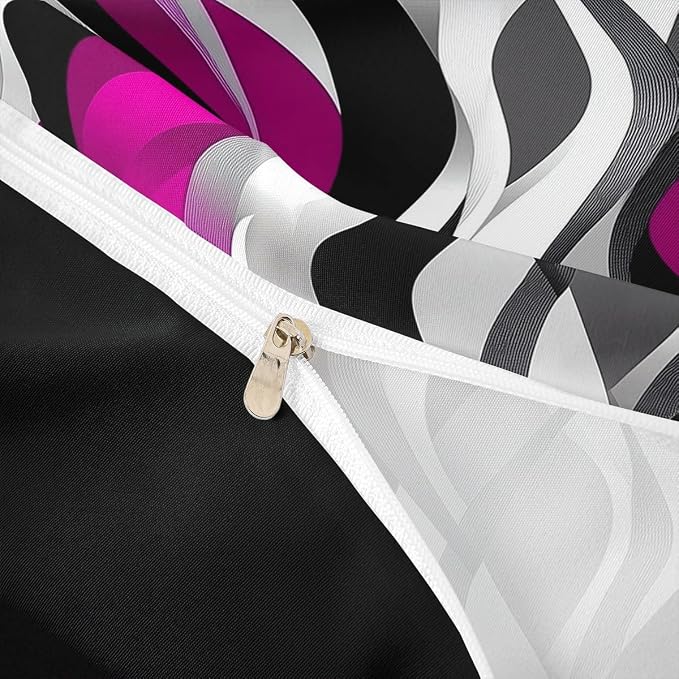 Pink Black Stripes Duvet Cover Set Queen Size,Modern Abstract Wave Striped Bedding Set,Girls Women Room Decor,Simple Geometric Artwork Chic Comforter Cover,Comfy Quilt Cover,2 Pillowcases(No Filler)