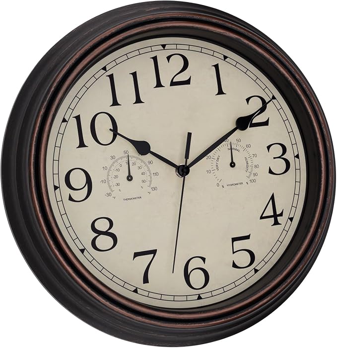 Foxtop Indoor Outdoor Waterproof Wall Clock with Thermometer and Hygrometer Combo, 14 Inch Retro Silent Non-Ticking Battery Operated Quartz Round Outdoor Clocks for Patio Home Office (Bronze)