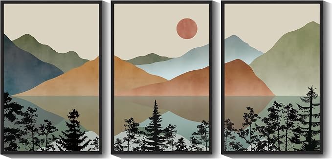KUVIOKE Watercolor Mountain Framed Wall Art Nature Laker Landscape Painting Sun Rises Boho Farmhouse Rustic Room Decor 24x36in (Black Framed)