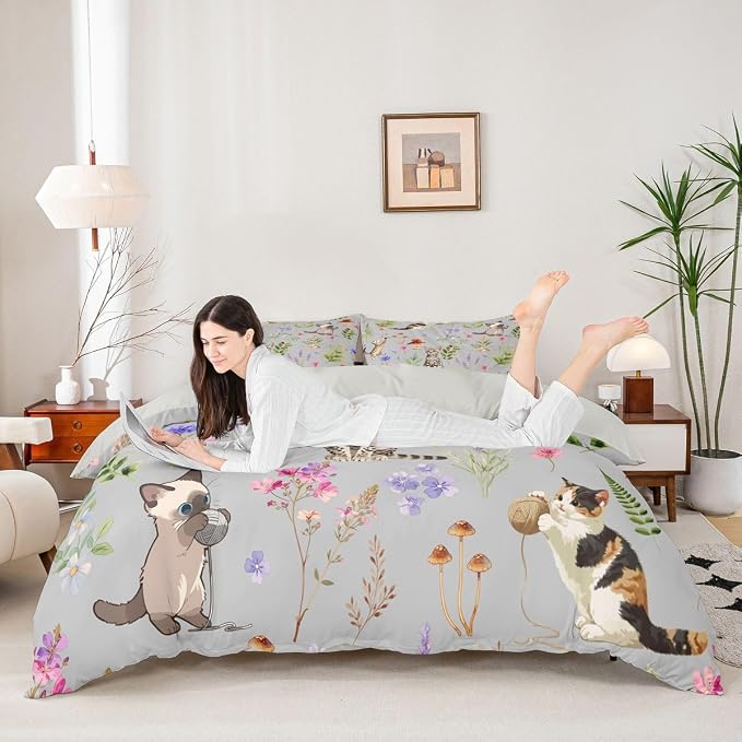 Erosebridal Cute Cat Duvet Cover Queen Lovely Kitten Cat Lovers Bedding Set Boho Watercolor Floral Comforter Cover for Kids Girls Boys Adults Kawaii Pet Animal Bed Set