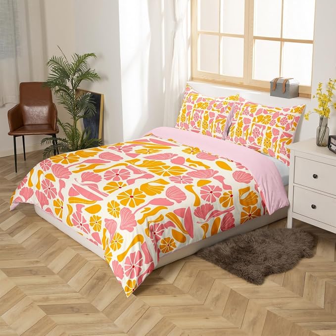 Erosebridal Boho Abstract Colorful Floral Toddler Duvet Cover Vintage Retro Patchwork Orange Pink Bedding Set Flower Botanical Geometric Comforter Cover for Kids Adults,Aesthetic Groovy Bed Set