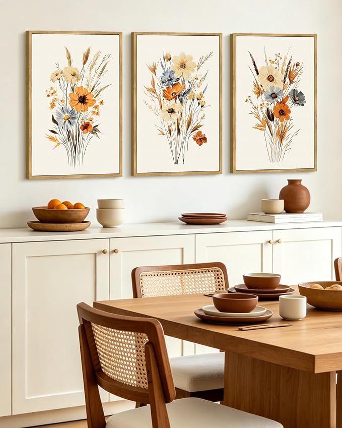 KUVIOKE Vintage Wildflower Bouquet Framed Wall Art Retro Flower Botanical Pictures Illustrations Colorful Floral Hanging Decor 16x24in (Natural Framed)
