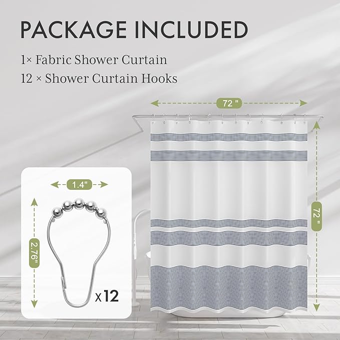 AmazerBath Striped Blue Shower Curtain, Cute Blue Stripe Bathroom Shower Curtain with 12 Shower Curtain Hooks, Rustic Fabric Blue and White, 72x72 Inches