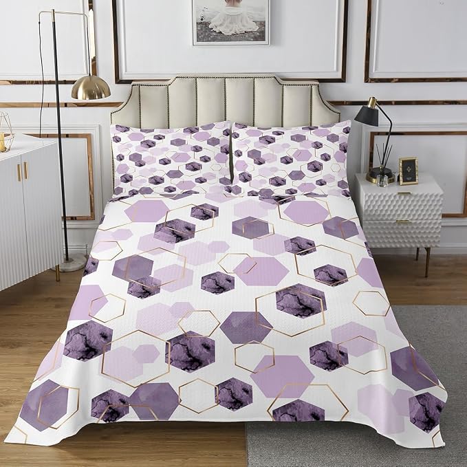 Erosebridal Lavender Purple Modern Quilt Set Queen - Marble Grain Geometric Coverlet Set, Fresh Abstract Geometric Art Bedspread Sets for Boys Girls Watercolor Hexagon Bed Sets with 2 Pillowcases
