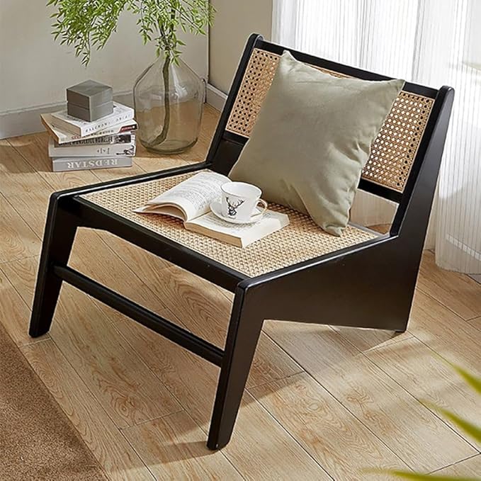 homary Japandi Rattan and Wood Lounge Chairs Mid Century Modern Armless Accent Chair for Living Room Bedroom Balcony & Patio (Black)