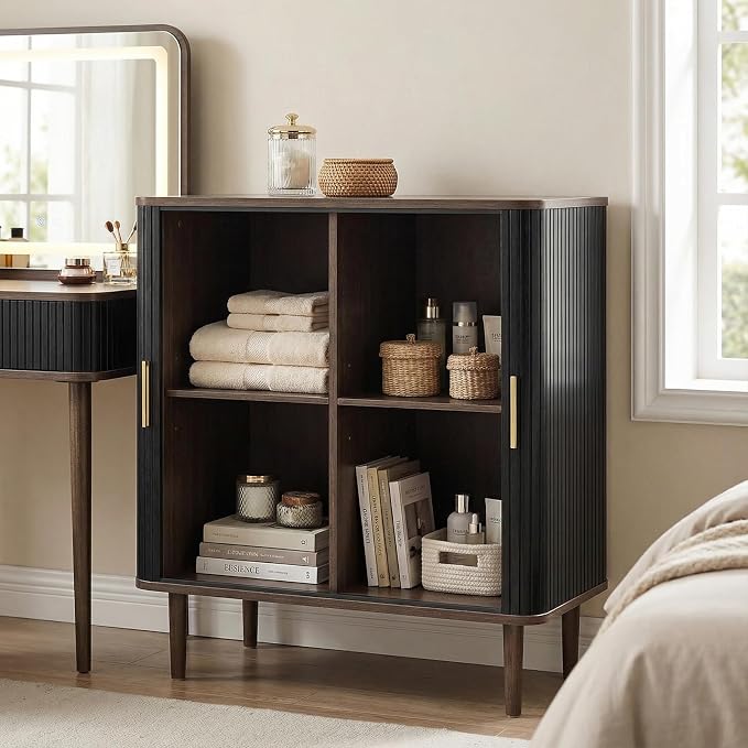 AKMAKM 35" Fluted Accent Buffet Cabinet, Black Small Storage Sideboard with Sliding Door, Mid Century Modern Credenza with Solid Wood Leg, Wine Coffee Bar Console Table for Kitchen, Entryway, Living