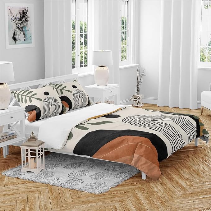 Boho Duvet Cover King Abstract Orange Black Boho Comforter Modern Mid Century Boho Bedding Sets Geometric Comforterfor All Season,3 Pieces Home Bedroom Decorations Soft Microfiber 104"x88"