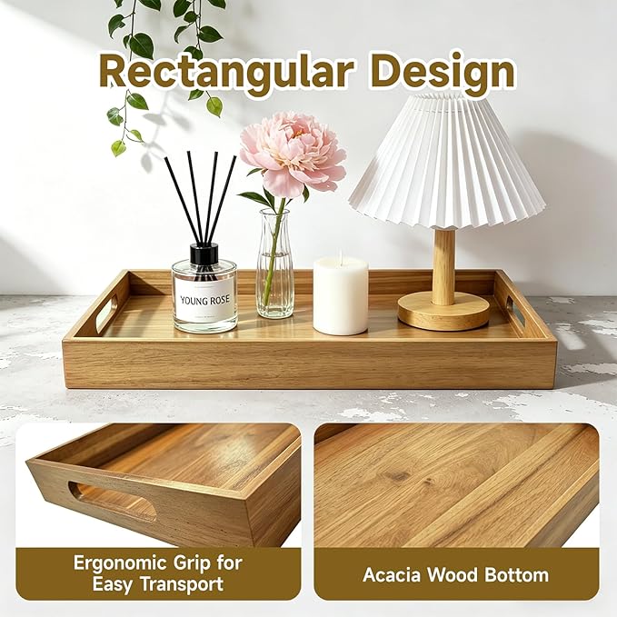 Acacia Wood Serving Tray with Handles, 17 x 12 Inch Large Wooden Tray for Food & Drinks, Coffee Table, Ottoman, Breakfast in Bed – Includes Free Leather Mat