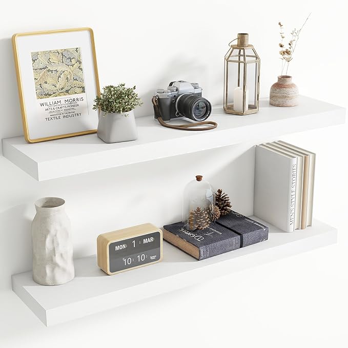 40 Inch Floating Shelves for Wall, 8 Inch Deep Floating Shelf for Storage & Display, Rustic Wall Mounted Shelf with Invisible Brackets for Living Room, Kitchen, Bathroom, Home Decor, Set of 2, White