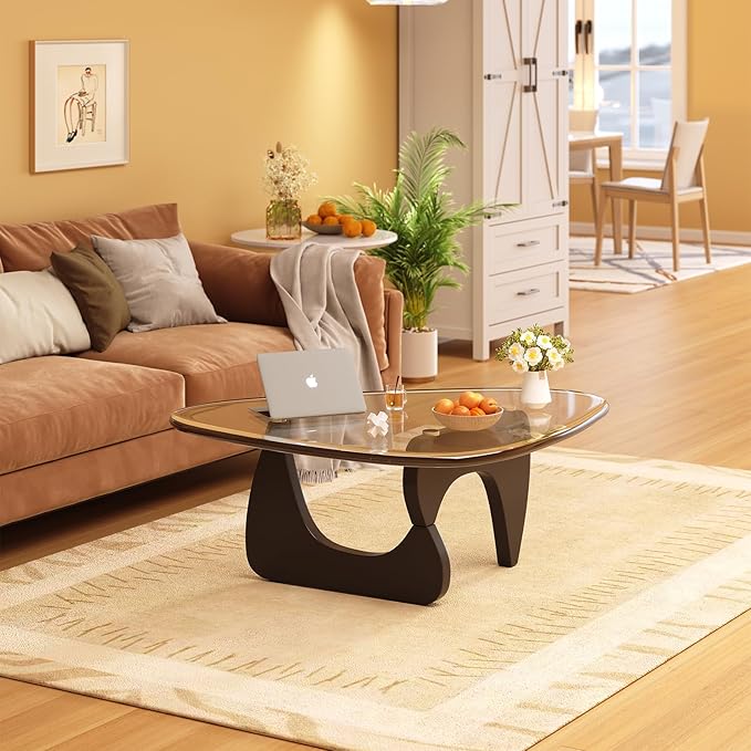 Coffee Table for Living Room Mid Century Modern Center Small Table with Glass Top and Wood, Black Transparent