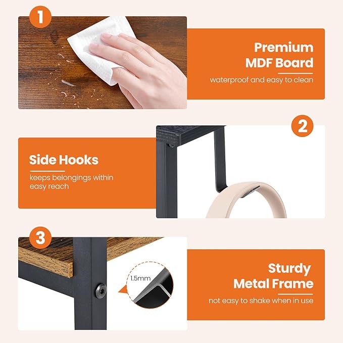 Sweetcrispy 47 Inch Computer Desk with Drawers for Home Office Writing Desk X Shaped Reinforcement Wood Surface Adjustable Position Modern Study Work Side Hook Metal Frame Storage Station Rust