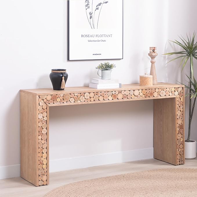 Wood Console Table, 62" Retro Long Sofa Table Behind Couch with Natural Log Accents, Farmhouse Wooden Narrow Sofa Table Hall Table for Living Room Foyer Entrance Entryway, Natural