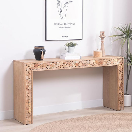 Wood Console Table, 62" Retro Long Sofa Table Behind Couch with Natural Log Accents, Farmhouse Wooden Narrow Sofa Table Hall Table for Living Room Foyer Entrance Entryway, Natural