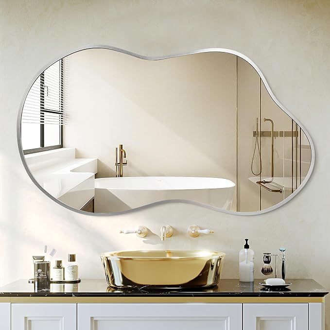 Irregular Wall Mirror - Wall Mirrors Decorative 20"x36" Silver Asymmetrical Mirror Tempered Glass Aviation Aluminum Alloy Frame for Bathroom, Bedroom, Living Room, Cloakroom, Entryway