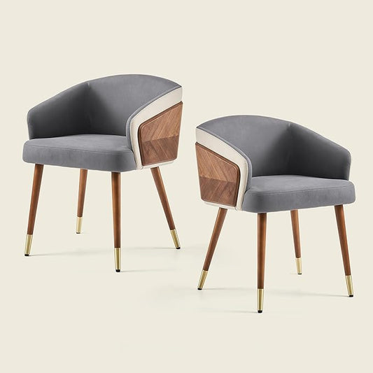 ARTPLAN Modern Upholsted Accent Dining Chairs Set of 2,Mid-Century Faux Leather with Walnut for Kitchen,Office Waiting Room Arm Sitting Chair, Beech Legs Dissassembly Adjustable Feet,Grey