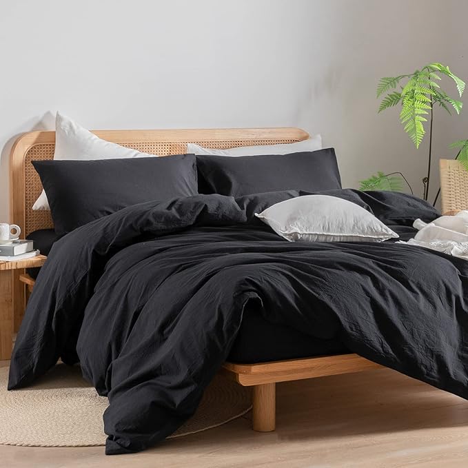BESTOUCH Duvet Cover Set 100% Washed Cotton Linen Feel Super Soft Comfortable Chic Lightweight 3 PCs Home Bedding Set Solid Deep Black Cal King
