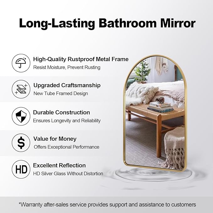 ANDY STAR Arched Mirror, 26''x38'' Brushed Brass Arched Top Rounded Corner, Stainless Steel Antirust, 1'' Deep Set Wall Mounted Vertical Bathroom Mirror