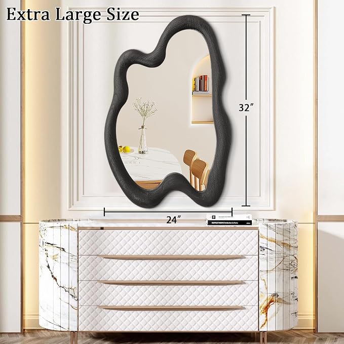AAZZKANG Irregular Wall Mirror Large 32"x24" Black Asymmetrical Modern Wood Frame Mirrors for Bathroom Bedroom Living Room Entryway