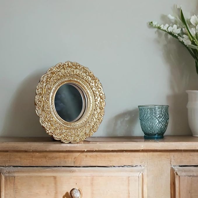 Golden Mini Vintage Mirror with Exquisite Relief Elegant Wall Decor for Bedroom Dresser Table Compact Resin Retro Design (Gold Round, 5X5)