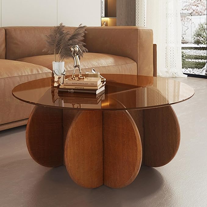 Modern Round Coffee Table with Solid Wood Legs,31.5'' Glass Coffee Tables for Living Room Rustic Circle Center Cocktail Table with Tempered Glass-Top,for Small Spaces, Unique | Modern