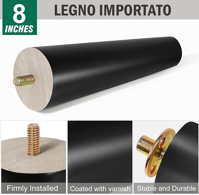 FoDau770 Black Rubber Wood Furniture Legs 8 Inches, Straight Tapered Wood Feet Mid Century Sofa Legs Set of 8, 5/16" UNC Furniture Feet for Cabinet Couch Dresser Chair Ottoman Table