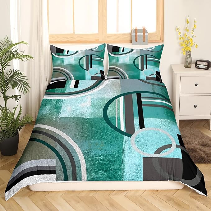 Modern Turquoise Decor Duvet Cover for Kids Teens Youth,Geometric Striped Comforter Cover Queen,Mid Century Bedding Set,Grunge Oil Painting Artwork Quilt Cover Soft Room Decor Bedspread Cover,Teal