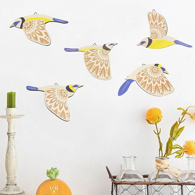 EMINGSKY 5 Pcs Wooden Bird Wall Art Wood Flying Birds Wall Decor Boho Rustic Folk Art Home Decor for Gift Living Room Bedroom Kitchen Office (Blue)