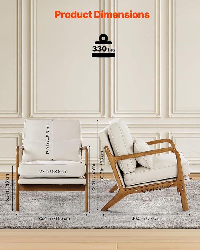 VEVOR Accent Chair, Mid Century Modern Armchair with Solid Wood Frame and Non-Slip Legs, Upholstered Leisure Chair with Linen Fabric and 5.7 in Thickened Cushion, for Living Room, Bedroom, Office