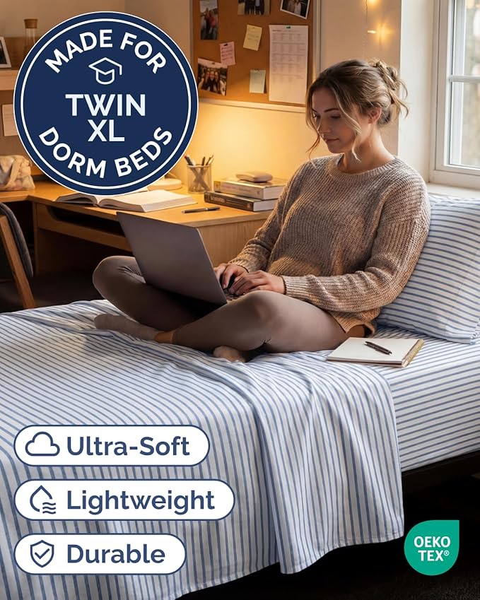 Twin XL Size 3 Piece Sheet Set - Comfy Breathable & Cooling Sheets - Hotel Luxury Bed Sheets for Women & Men - Deep Pockets, Easy-Fit, Soft & Wrinkle Free Sheets - Blue Stripes Oeko-Tex Bed Sheet Set