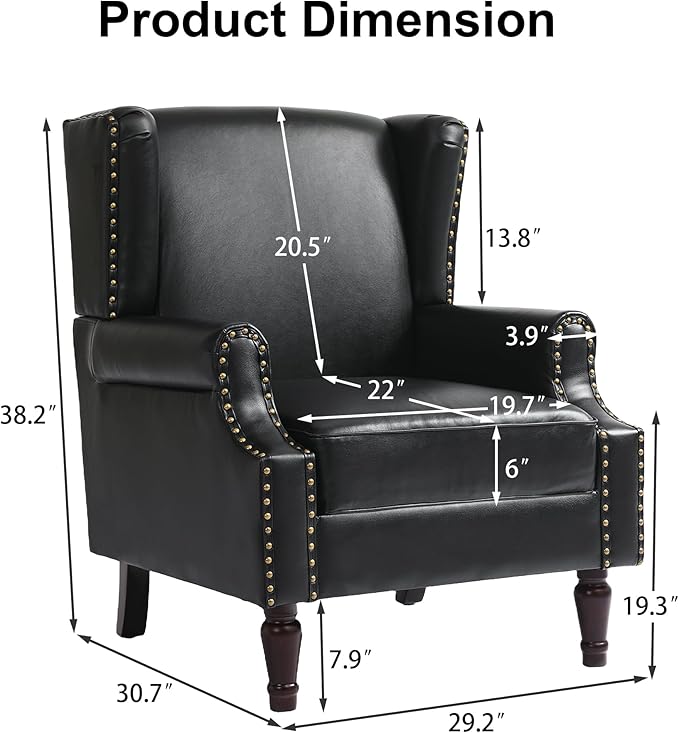 Pia Ricco High Back Floral Accent Chair - Retro Wingback Upholstered Armchair in Faux Leather, Nailhead Trim & Solid Wood Legs for Living Room Bedroom Reading Chair（Black