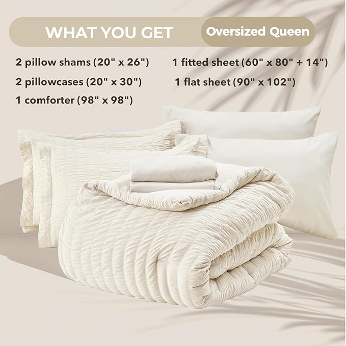 HYMOKEGE Ivory Oversized Queen Comforter Set Seersucker 7 Pieces, All Season Luxury Bed in a Bag for Bedroom, Bedding Set with Comforter, Sheets, Pillowcases & Shams