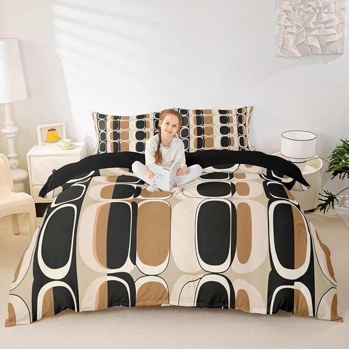 Erosebridal Brown Black Geometric Comforter Cover Full Mid Century Bedding Set Modern Abstract Duvet Cover for Kids Teen Adults,Boho Circle Round Design Bed Set