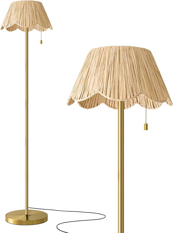 OYEARS 65" Boho Floor Lamps for Living Room, Rattan Floor Lamp, Pull Chain Switch, Gold Standing Lamp with Hand-Woven Shade, Farmhouse Tall Lamps for Nursery, Metal Base&Pole, Bulb not Included, Gold