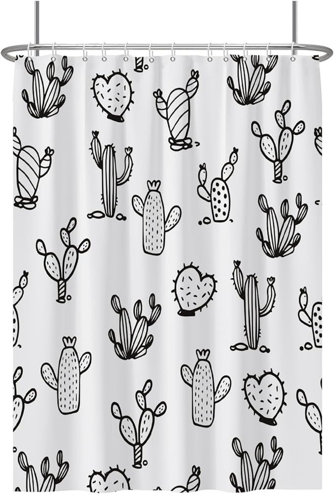 Baocicoo Cartoon Cactus Shower Curtain Tropical Plants Mexican Texas Minimalism Black and White Decorative Artistical Shower Curtains for Home Bathtubs Bath Waterproof Fabric with Hooks 72x96 Inches