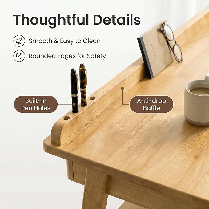 Solid Wood Writing Desk for Small Space, Mid Century Modern Computer Desk with 2 Drawers & Storage Shelf, Side Hooks for Home Office Bedroom, Wood
