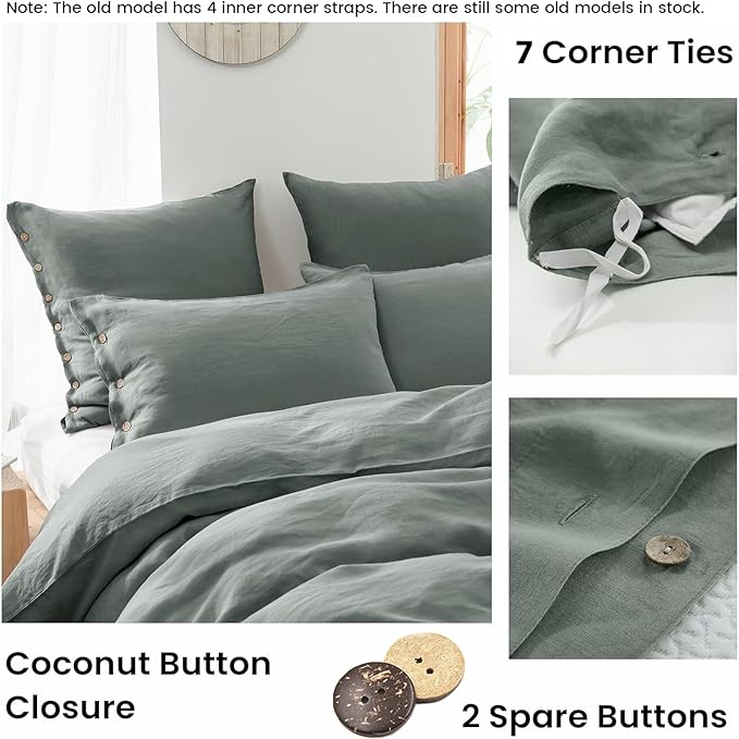 Simple&Opulence 100% Linen Duvet Cover Set 3pcs with Coconut Button Closure Natural French Washed Flax Solid Color Soft Breathable Farmhouse Bedding - Cushing Green, Full Size