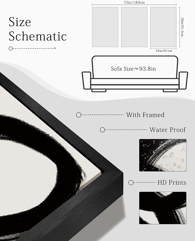 KUVIOKE Black and White Abstract Framed Wall Art Ink Wash Minimalist Lines Painting Artwork for Bedroom Hallway 24x36in (Black Framed)