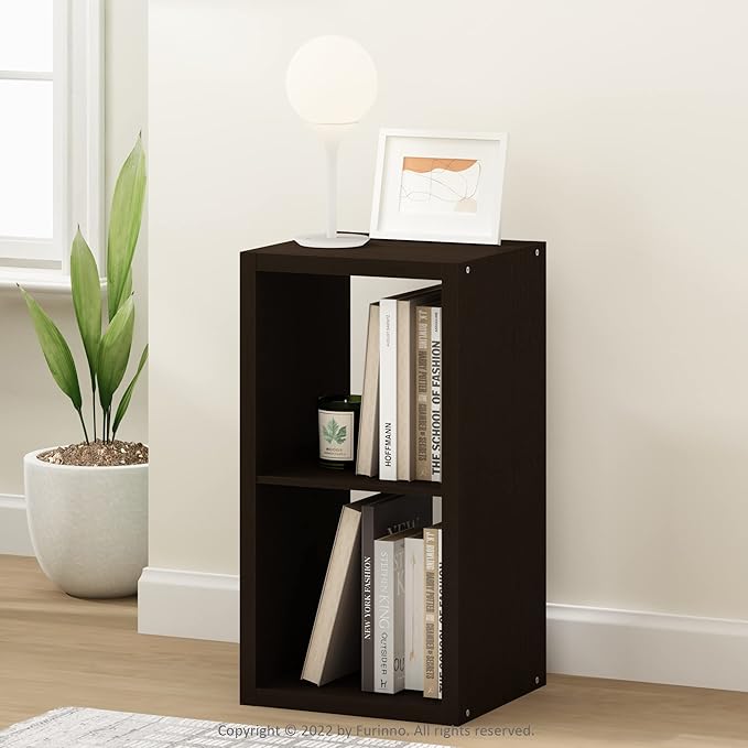 Furinno CUBICLE Book Shelf, 2-Cube Bookshelf, Extra Thick Frame Horizontally & Vertically Reversible Bookcase with Open Back, 14.6" x 16" x 30", for Living Room, Bedroom, Home Office, Black Dark Oak