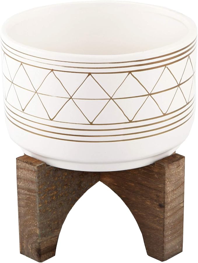 Flora Bunda 7 Inch White Gold Line GEO Ceramic ON Stand Mid Century,7" White/Gold Line