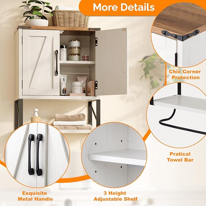 VINGLI Small Bathroom Medicine Cabinet with Tower Bar 7.1"D x 15.4"W x 23.3"H Farmhouse Wall Cabinet Over Toilet Storage with Adjustable Shelf Wall Mounted for Bathroom Kitchen (Rustic White & Brown)