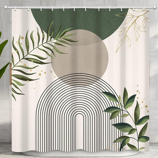 Boho Mid Century Shower Curtain, Green Modern Minimalist Abstract Geometric Gold Plant Leaves Sun Arch Bathroom Curtains Waterproof Fabric Buthtub Curtain Set with Hooks 72" Wx84 L