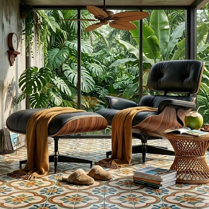 Mid Century Chaise Lounge Chair with Ottoman, Top Black Grain Leather, Modern Office Chair Classic Design, Heavy Duty Base Support for Living Room Study Lounge Office