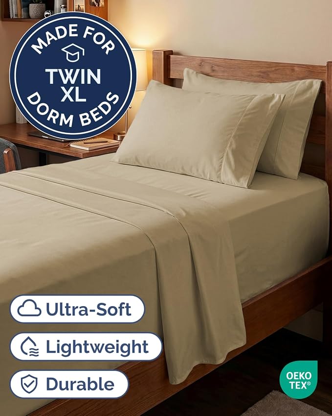 Extra Deep Twin XL Sheet Set - 4 Piece College Dorm Bed Sheets Set with Extra Deep Pockets - Ultra-Soft, Comfy & Breathable Bedding for Women, Men, Kids & Teens - Wrinkle Free & Fade Resistant - Beige