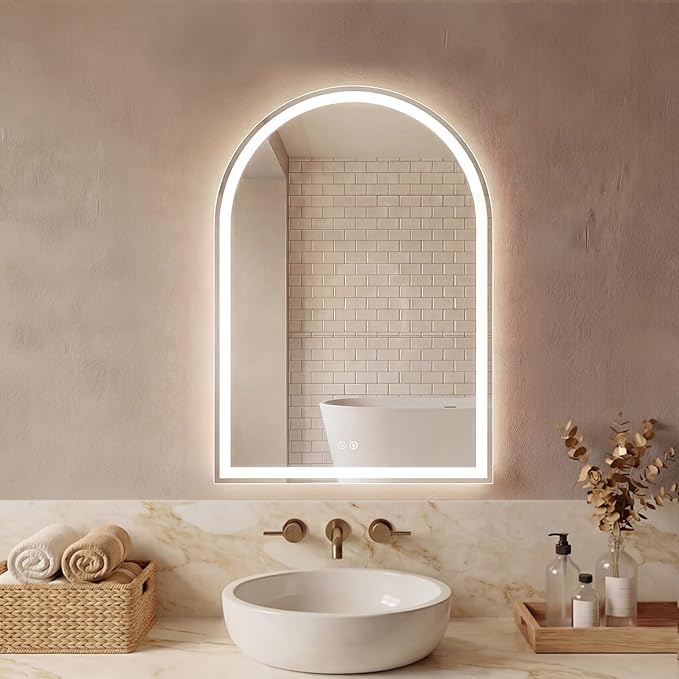 Sweetcrispy 24“ x 32” Arched LED Bathroom Backlit Mirror with Lights | Vanity Mirror with Anti-Fog, Dimmable, 3-Color Light, Memory Function, Tempered Glass
