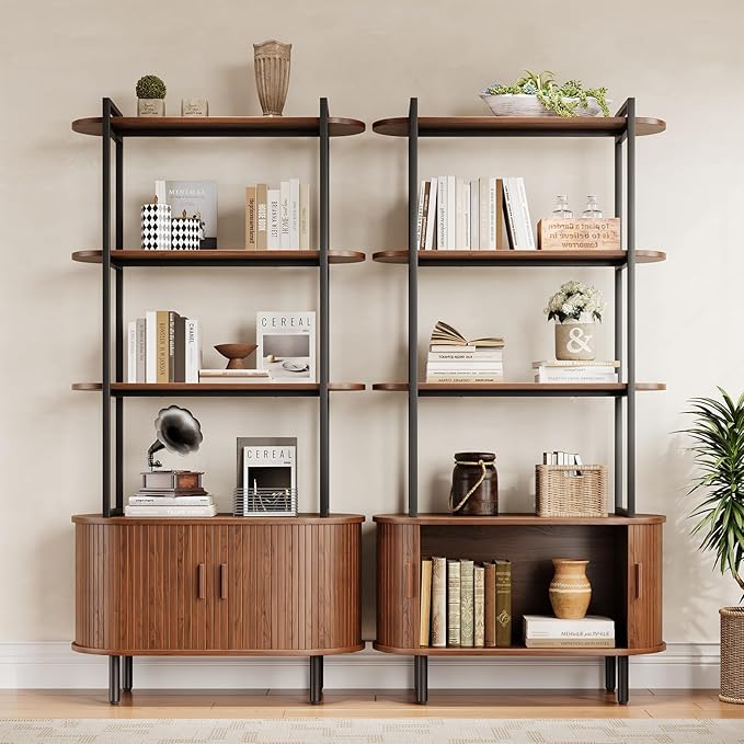 4 Tier Tall Bookshelf with Cabinet, Fluted Bookcase with Sliding Door, Metal and Wood Display Shelf, Free Standing Storage Shelving Unit, Corner Storage Organizer for Living Room, Home Office, Walnut