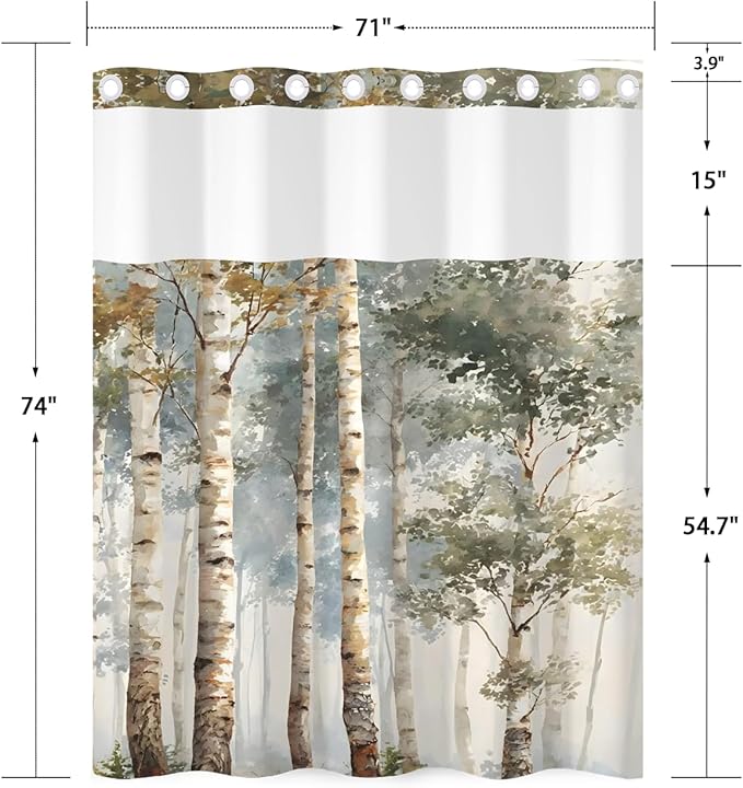 No Hook Bathroom Shower Curtain and Liner Set, Birch Tree Forest Print Double Layer Waterproof Fabric Bath Tub Curtain with Snap in Liner, See Through Top, 71 x 74 Inch