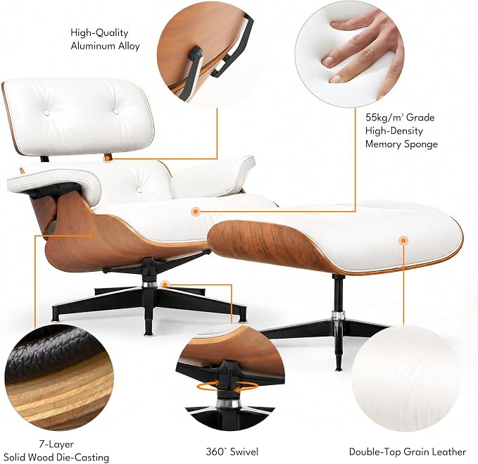 Top Grain Leather, Mid Century Chaise Lounge Chair and Ottoman, Modern Chair Classic Design, Heavy Duty Base Support for Living Room Study Lounge Office, Walnut-White, Heightening