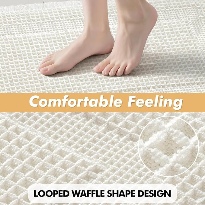 MIULEE Set of 2 Waffle Bathroom Rugs, Boho Bath Rug Super Absorbent, Non Slip Washable Ultra Soft Rubber Backed Shower Bath Mats for Floor, Tub, Shower, Looped Design, White, 17x24 Inch