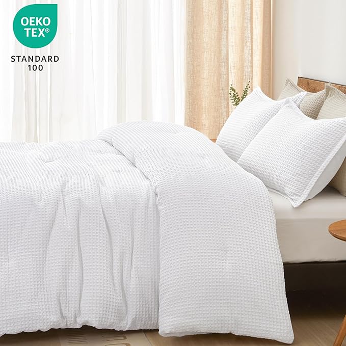 PHF Ultra Soft Waffle Weave Comforter Set Twin Size, 2 Pieces Lightweight Breathable Comfy Bedding Set, Comfy Textured 1 Comforter with 1 Pillow Shams, White